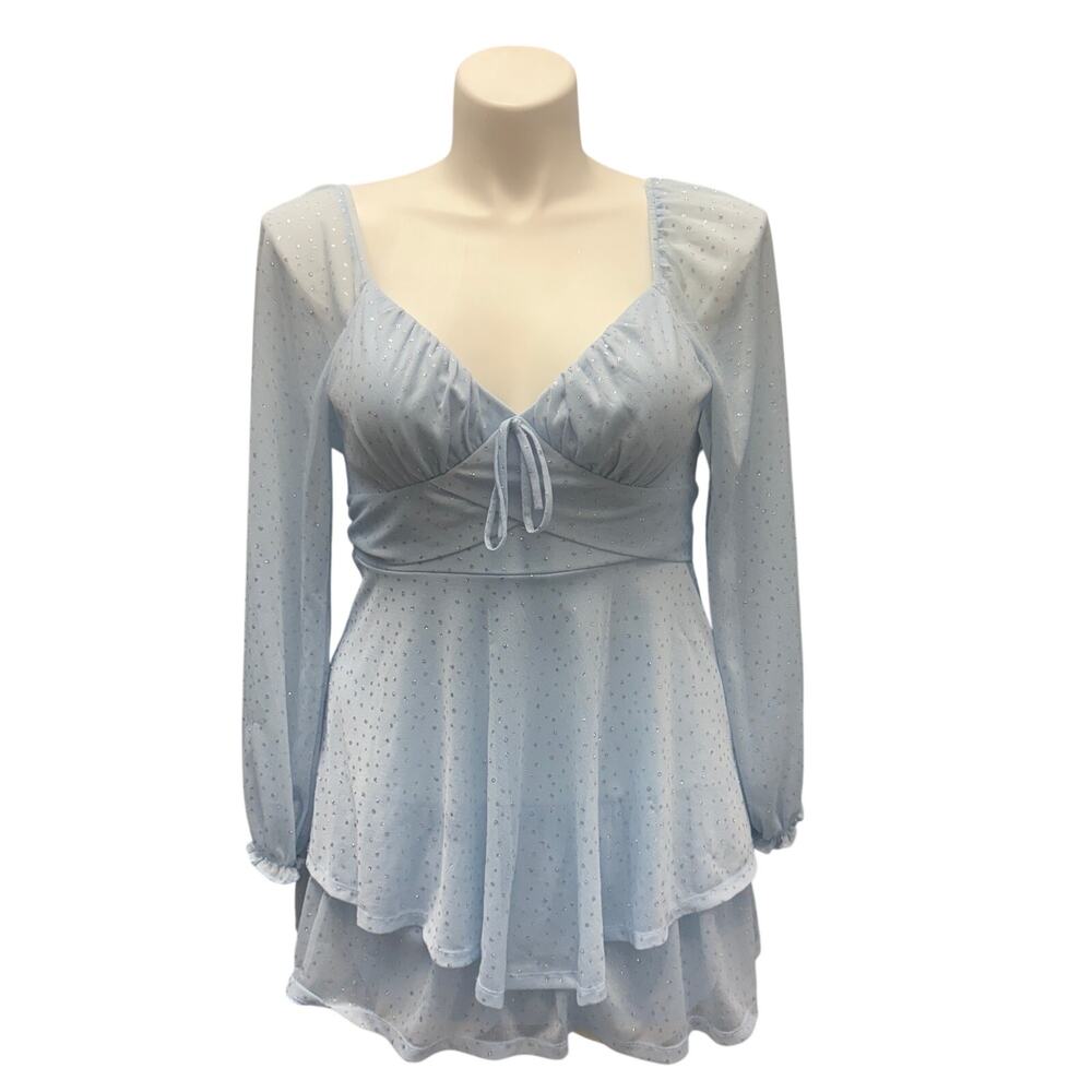 Midnight Doll Layered Mini Dress Long Sleeve Glitter Dot Babydoll Dress